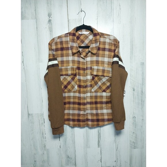 SO Flannel Knit COMBO Crop Top RETRO STYLE Brown PLAID Flap Pocket Womens Medium - Picture 1 of 9